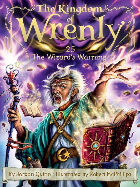„The Kingdom of Wrenly 25: The Wizard's Warning“. Ein Zauberer in grünem Gewand mit Zauberstab und schwebenden Büchern.