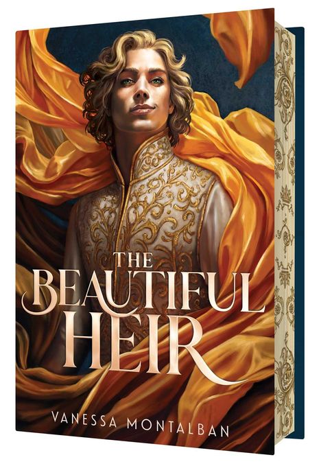 "The Beautiful Heir" und "Vanessa Montalban". Illustration: Blondhaarige Person in verziertem Gewand, orange Stoffe.