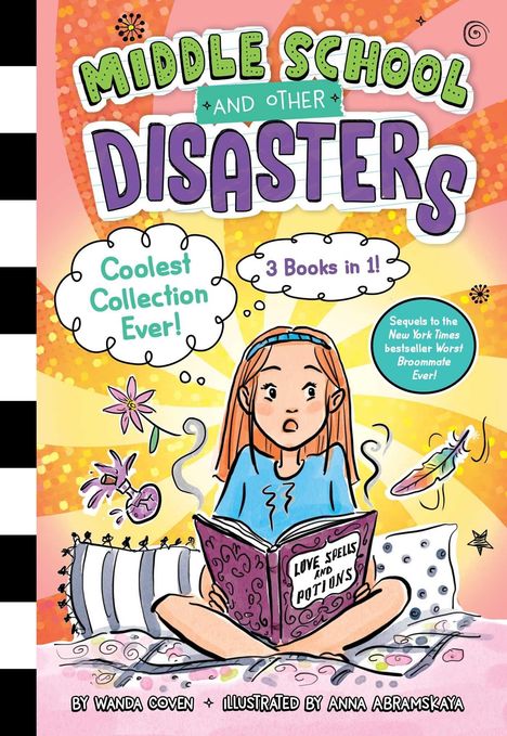"Middle School and Other Disasters," "Coolest Collection Ever!," "3 Books in 1!"; Illustration: Mädchen mit Zauberbuch.