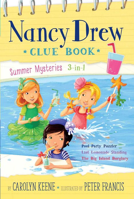 „Nancy Drew Clue Book“, „Summer Mysteries 3-in-1“. Drei Mädchen im Pool, eines trinkt, ein anderes hält einen Seestern.