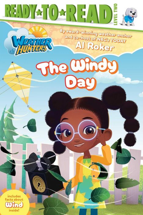 "READY TO READ", "Weather Hunters", "The Windy Day", "includes facts about wind inside!". Illustration eines fröhlichen Mädchens.