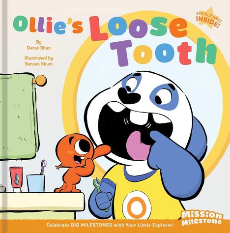 "Ollie's Loose Tooth" in bunten Buchstaben. Ein großer Panda sieht in den Spiegel, hält eine Zahnbürste. Kleines orangenes Wesen zeigt auf den Zahn.