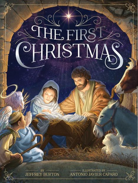 Text: "The First Christmas". Eine familiäre Szene in einem Stall mit Maria, Josef, dem Jesuskind, einem Engel und Tieren.
