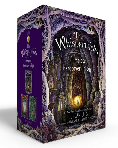 "The Whisperwicks: Complete Hardcover Trilogy, von Jordan Lees, illustriert. Fantastische Gebäude und Bäume umrahmen ein Licht."