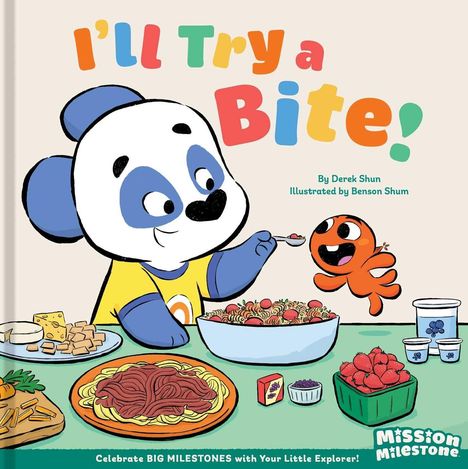 "I'll Try a Bite!" von Derek Shun und Benson Shum. Ein Panda mit gelbem Shirt füttert eine orange Figur an einem Tisch voller Essen.