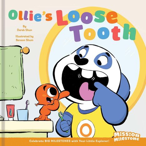 Titel: "Ollie's Loose Tooth". Zwei fröhliche Charaktere vor einem Spiegel, einer zeigt auf einen losen Zahn.