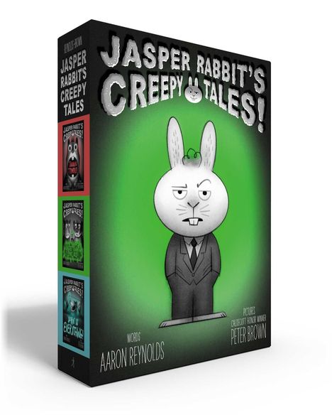 "JASPER RABBIT'S CREEPY TALES!" Oben, darunter ein grimmiger Hase in Anzug und Krawatte mit grünem Hintergrund.