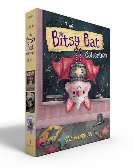 „The Bitsy Bat Collection“ und „Kaz Windness“. Ein illustriertes Buchcover mit einer niedlichen Fledermaus.