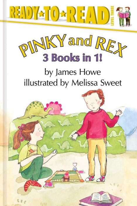 Text: "Pinky and Rex, 3 Books in 1! by James Howe, illustrated by Melissa Sweet." Zwei Kinder spielen auf einer Decke.