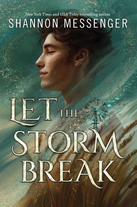 "LET THE STORM BREAK" und "SHANNON MESSENGER". Illustration: Profil eines lächelnden jungen Mannes, Windrad und Weizen.