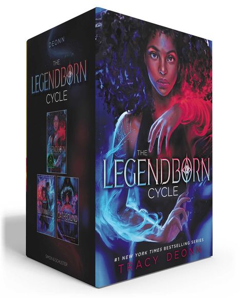 "The Legendborn Cycle", Tracy Deonn. Illustration einer Frau mit lockigem Haar, umgeben von blauem und rotem Licht.