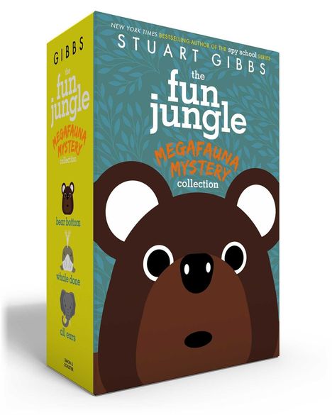 Stuart Gibbs, the fun jungle, Megafauna Mystery. Illustration eines Bären mit großen Augen.