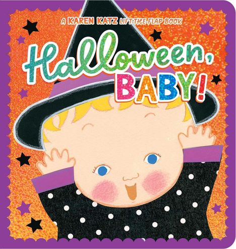 „Halloween, Baby!“ steht in bunten Buchstaben. Illustration eines Babys, das einen Hexenhut und gepunktete Kleidung trägt.