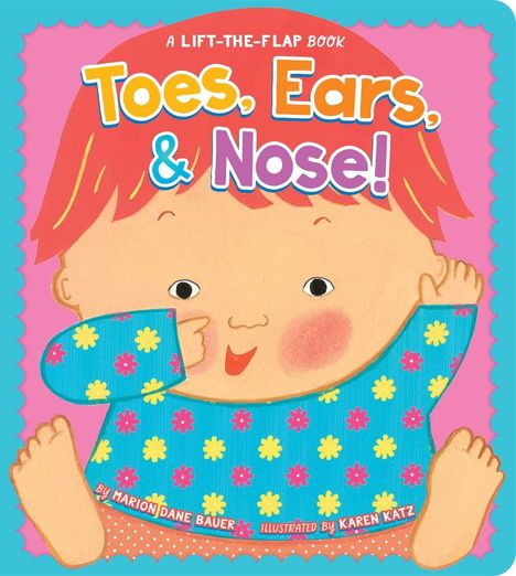 Titel: "Toes, Ears, & Nose!" Illustration eines Babys mit rotem Haar in buntem Outfit auf rosa Hintergrund.