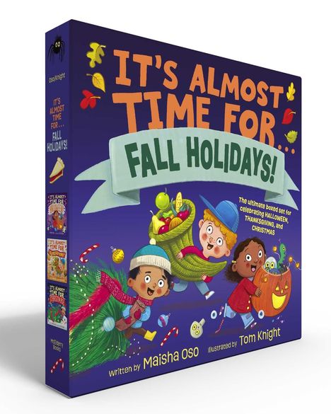 Titel: "It's Almost Time for Fall Holidays!" Drei Kinder in Festtagskleidung mit herbstlichen Symbolen und Dekorationen.