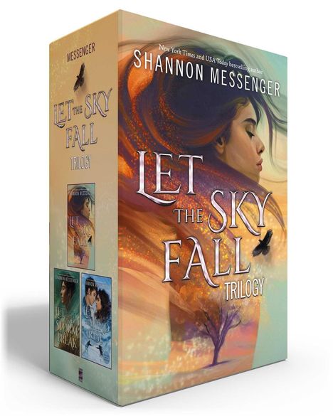 "Let the Sky Fall Trilogy" von Shannon Messenger. Illustration einer Frau mit wehendem Haar und einem Baum im Hintergrund.