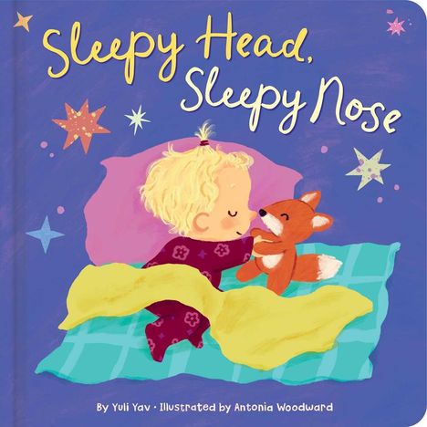 „Sleepy Head, Sleepy Nose“ in gelber Schrift. Kleines Kind kuschelt mit einem Plüschfuchs im Bett.