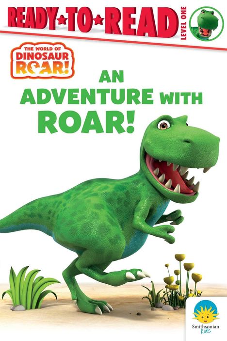 "READY TO READ, AN ADVENTURE WITH ROAR!" Ein grüner Dinosaurier auf zwei Beinen, fröhlich neben Pflanzen. Smithsonian Kids Logo.