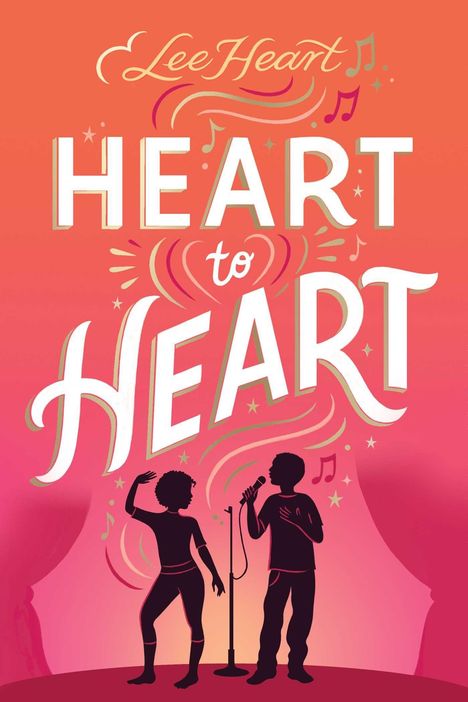 "Heart to Heart" in großen Buchstaben, bunte Illustration mit zwei Menschen, die singen, Musiknoten und Wellenlinien.