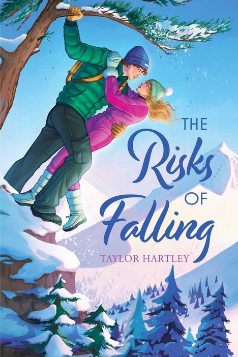 „The Risks of Falling“ und „Taylor Hartley“. Illustration: Zwei Personen in Winterkleidung hängen von einem Baum über einem Abgrund.