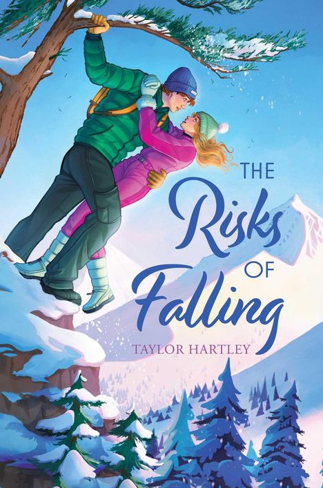 "The Risks of Falling" von Taylor Hartley. Illustration zweier Personen in Winterkleidung, die auf einem schneebedeckten Ast balancieren.