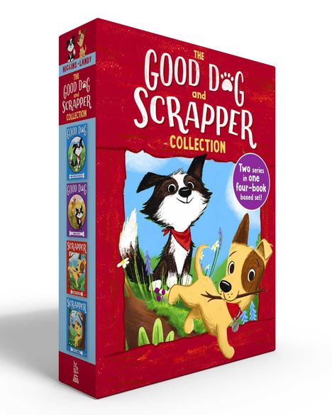 "The Good Dog and Scrapper Collection" steht groß auf einer roten Box. Zwei fröhliche Hunde sind illustriert.