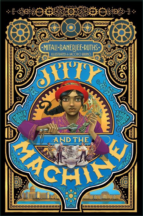 „Jitty and the Machine“ in geschwungenen Buchstaben, darunter komplexe Zahnräder. Junge Frau in roter Mütze mit Werkzeug.