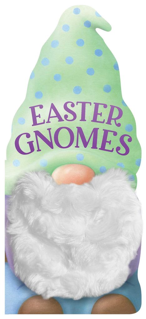 Text: "EASTER GNOMES". Illustration eines Gnoms mit grünem, gepunktetem Hut und flauschigem weißen Bart.