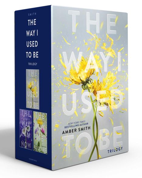 Ein Buchset mit großem Titel: "THE WAY I USED TO BE TRILOGY". Gelbe Blütenblätter auf grauem Hintergrund.