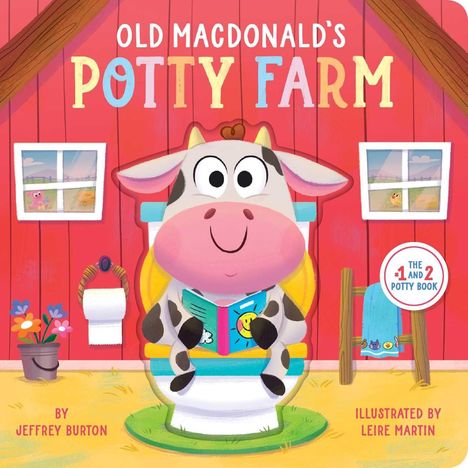 „Old MacDonald's Potty Farm“. Zeichnung: Kuh auf Toilette, liest Buch vor roter Wand, umgeben von Fenstern und Blumen.