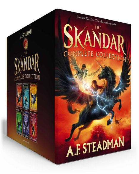 "The Skandar Complete Collection" von A.F. Steadman. Ein geflügeltes Einhorn und ein Reiter in dynamischer Szene.
