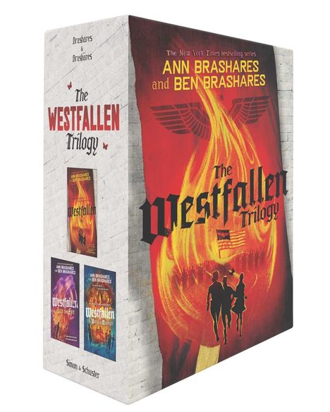 „The Westfallen Trilogy“ von Ann und Ben Brashares, mit Flammenmotiv und Silhouetten von drei Personen auf rotem Hintergrund.