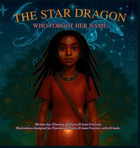"The Star Dragon Who Forgot Her Name." Illustration eines Mädchens mit Schriftzeichen und Nachthimmel im Hintergrund.