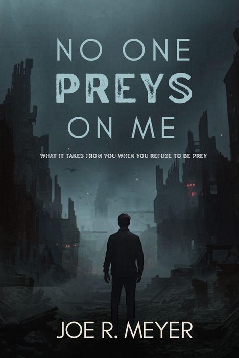"No one preys on me. What it takes from you when you refuse to be prey. Joe R. Meyer." Eine düstere Szenarie mit einer Silhouette vor Ruinen.