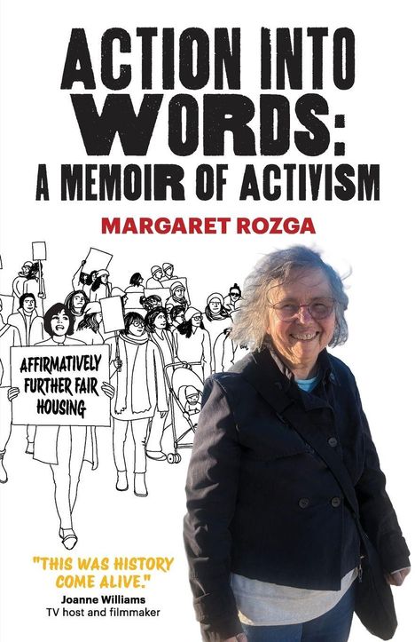 "Action Into Words: A Memoir of Activism" von Margaret Rozga. Hintergrund: Protestszene, Frau lächelt im Vordergrund.