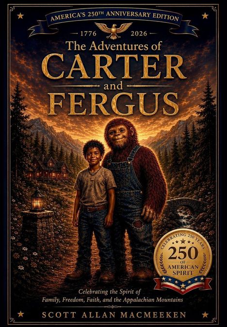 Buchtitel: "The Adventures of Carter and Fergus". Junge und affenähnliche Figur vor Bergkulisse im Sonnenuntergang.