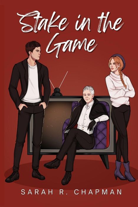 „Stake in the Game“ steht oben, „Sarah R. Chapman“ unten. Drei Figuren: ein sitzender Mann und zwei stehende, eine Frau.