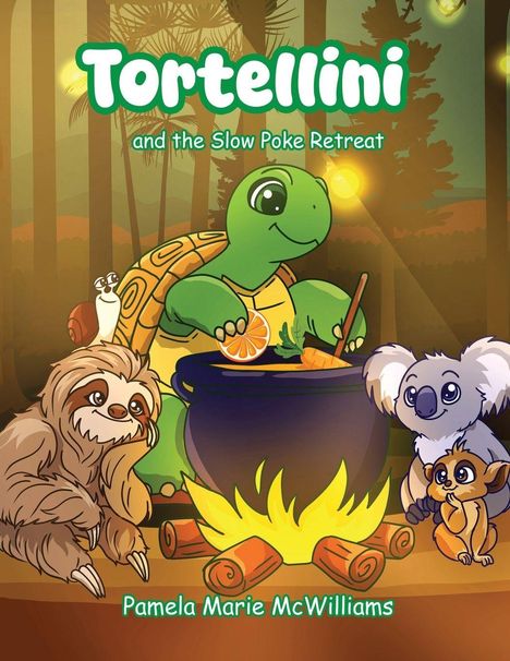 "Tortellini and the Slow Poke Retreat" über einem Lagerfeuer. Schildkröte mit Spiegelei-Topf, Faultier, Koala und Lemur sitzen dabei.