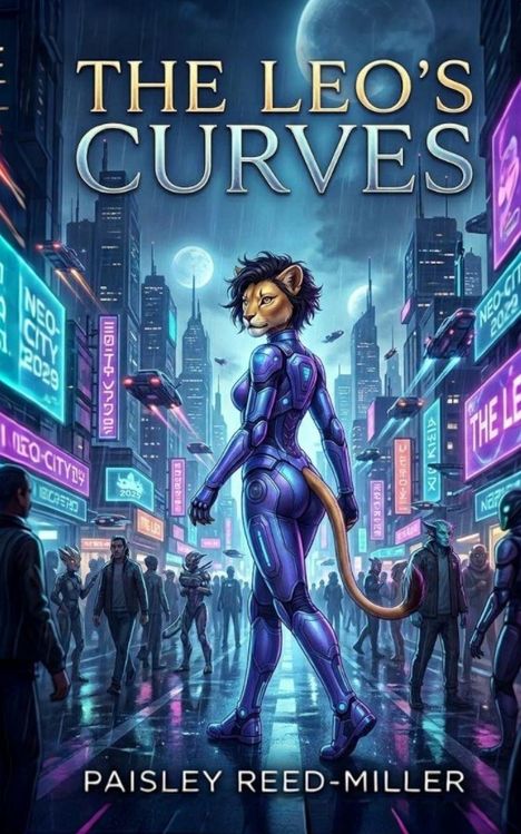 „THE LEO’S CURVES“ oben, „PAISLEY REED-MILLER“ unten. Illustration einer futuristischen Stadt mit humanoidem Löwen.