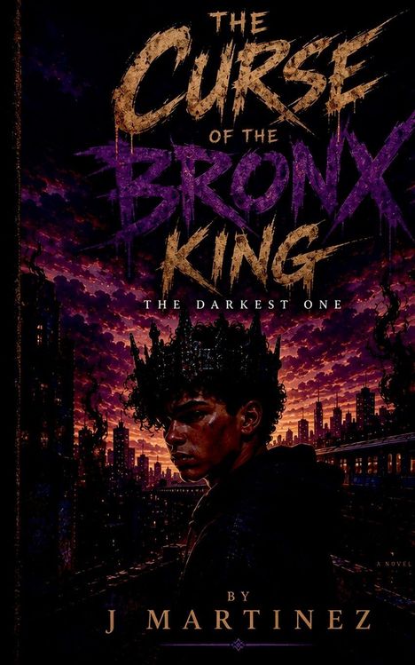 „The Curse of the Bronx King: The Darkest One“ von J Martinez. Junge mit Krone vor düsterer Stadtlandschaft.