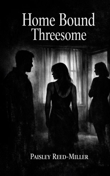 „Home Bound Threesome“ von Paisley Reed-Miller. Silhouetten von drei Personen in einem Zimmer mit Vorhang im Hintergrund.