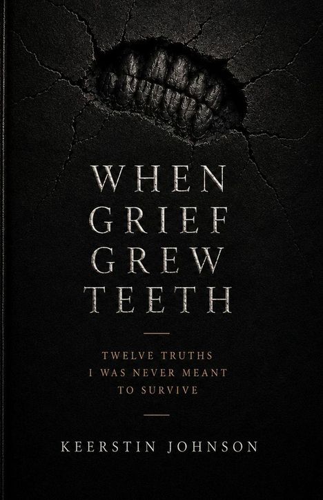 Der Text lautet: "WHEN GRIEF GREW TEETH - TWELVE TRUTHS I WAS NEVER MEANT TO SURVIVE - KEERSTIN JOHNSON". Ein dunkles Design mit Bissspuren.
