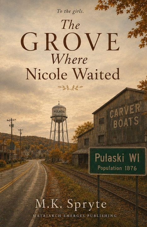 Zu sehen sind ein Wasserturm mit "Pulaski" und ein Straßenschild "Pulaski WI Population 1876". Davor ist eine malerische Landschaft.