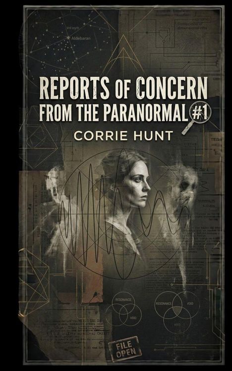 "REPORTS OF CONCERN FROM THE PARANORMAL #1, CORRIE HUNT." Kombination aus Vektorgrafik und Porträt einer Frau.
