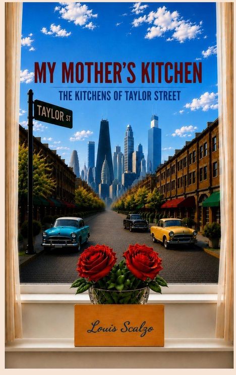 "MY MOTHER'S KITCHEN: THE KITCHENS OF TAYLOR STREET." Skyline durch Fenster, Oldtimer auf Straße, rote Rosen auf Fensterbrett.