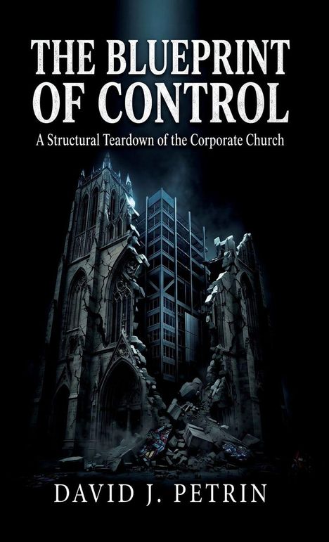 "The Blueprint of Control: A Structural Teardown of the Corporate Church." Ruinen einer gotischen Kathedrale vor einem modernen Gebäude.