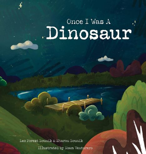 „Once I Was A Dinosaur“. Illustration eines Sees mit Steg, Bäumen und Wolken im Hintergrund.