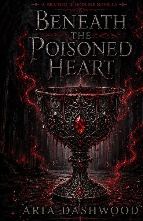 Text: "Beneath the Poisoned Heart" und "Aria Dashwood." Illustration eines dunklen, kunstvollen Kelchs mit roten Kristallen.