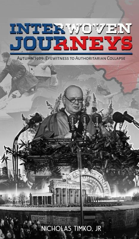 „INTERWOVEN JOURNEYS“ in blauen und roten Buchstaben. Schwarz-Weiß-Collage mit einem Redner in alten Fotos.