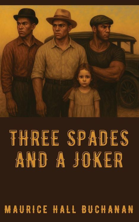 Text: "Three Spades and a Joker" und "Maurice Hall Buchanan". Illustration von drei Männern und einem Mädchen vor einem Auto.